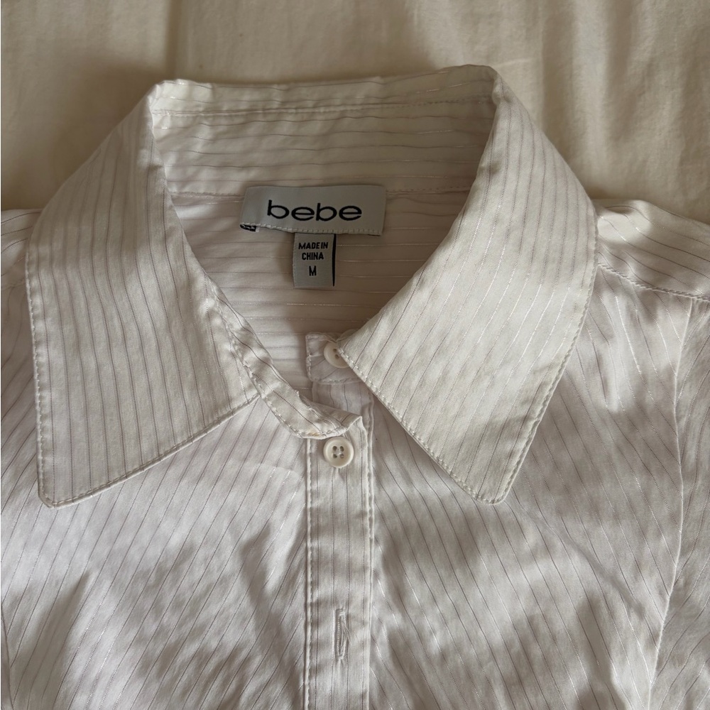 Bebe White Striped Collared Button Down Shirt - image 3